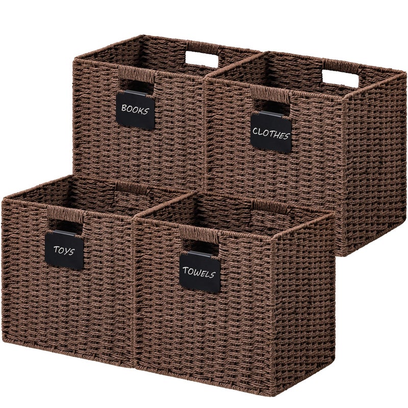 UBBCARE 4 Pack Wicker Basket, 13Ã—13 Storage Cubes with Label, Foldable Cube Storage Bin with Handle, Square Storage Basket for Shelves, Woven Paper Rope Basket for Organizing, Brown - Image 1