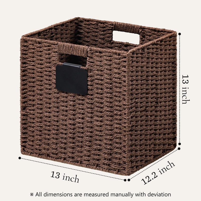UBBCARE 4 Pack Wicker Basket, 13Ã—13 Storage Cubes with Label, Foldable Cube Storage Bin with Handle, Square Storage Basket for Shelves, Woven Paper Rope Basket for Organizing, Brown - Image 2