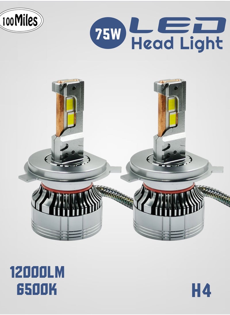 100Miles Car LED Head Light H4 75W 12000LM 6500K Car LED Headlight With Cooling Fan System - 100 Miles  - Image 1