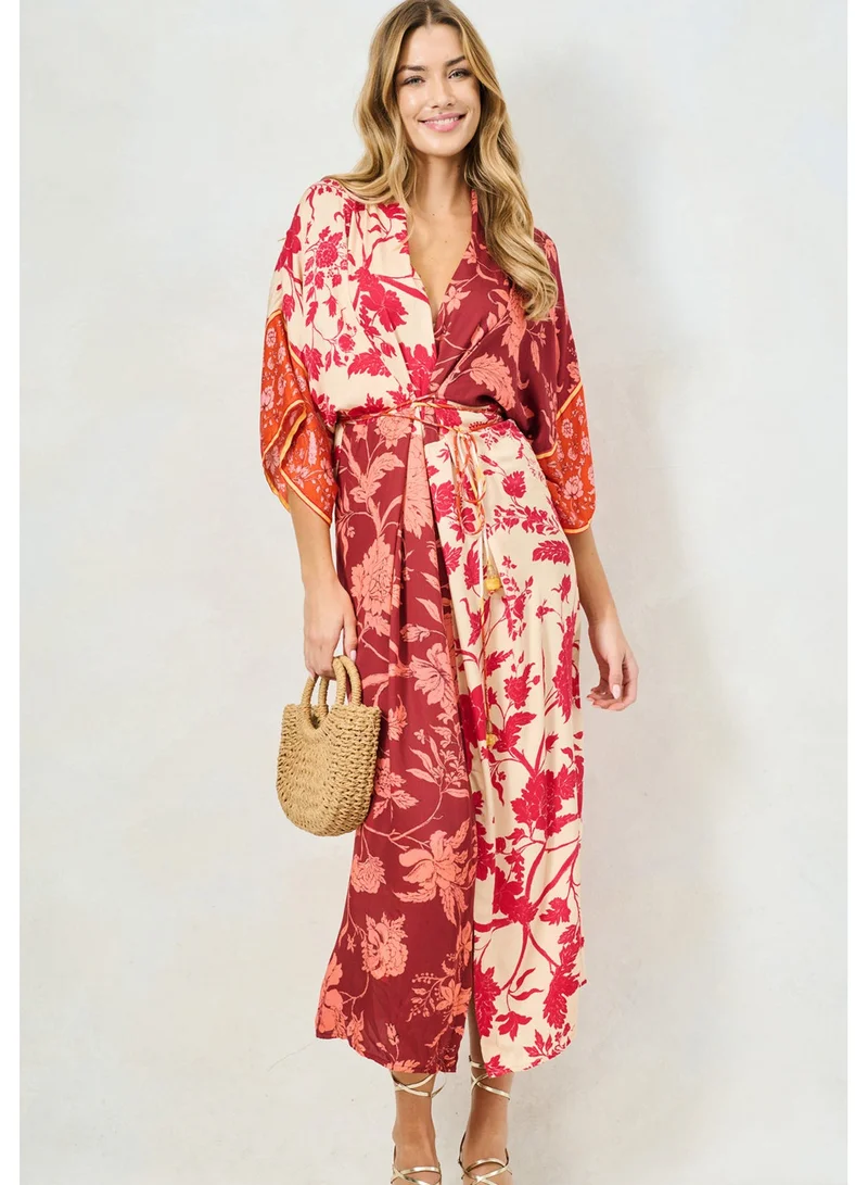 هوب اند ايفي فستان ميدي بأكمام كيمونو ورباط خصر قابل للتعديل وشق أمامي