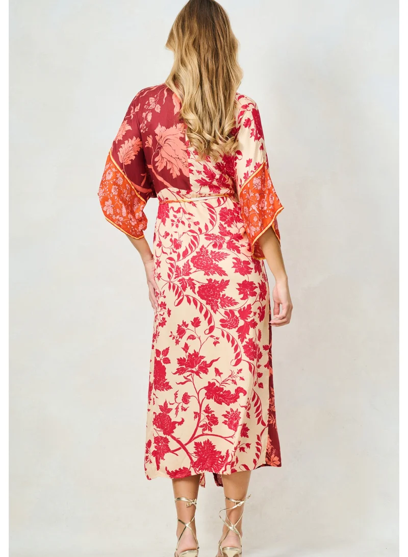 هوب اند ايفي فستان ميدي بأكمام كيمونو ورباط خصر قابل للتعديل وشق أمامي