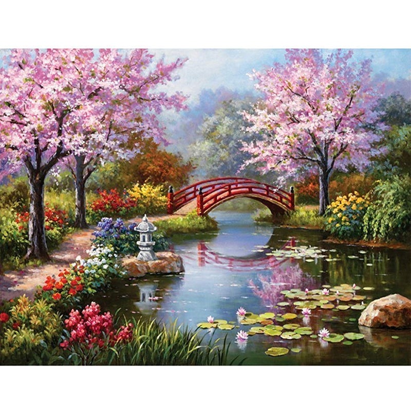 GYANSHOPPE GYANSHOPPE Diamond Art Kit 5D Diamond Painting kitBridge Peach Tree Spring Pool Lotus Pond 5D Diamond Painting Set Perfect for Relaxation and Home Wall Decor 30x40 cm 
