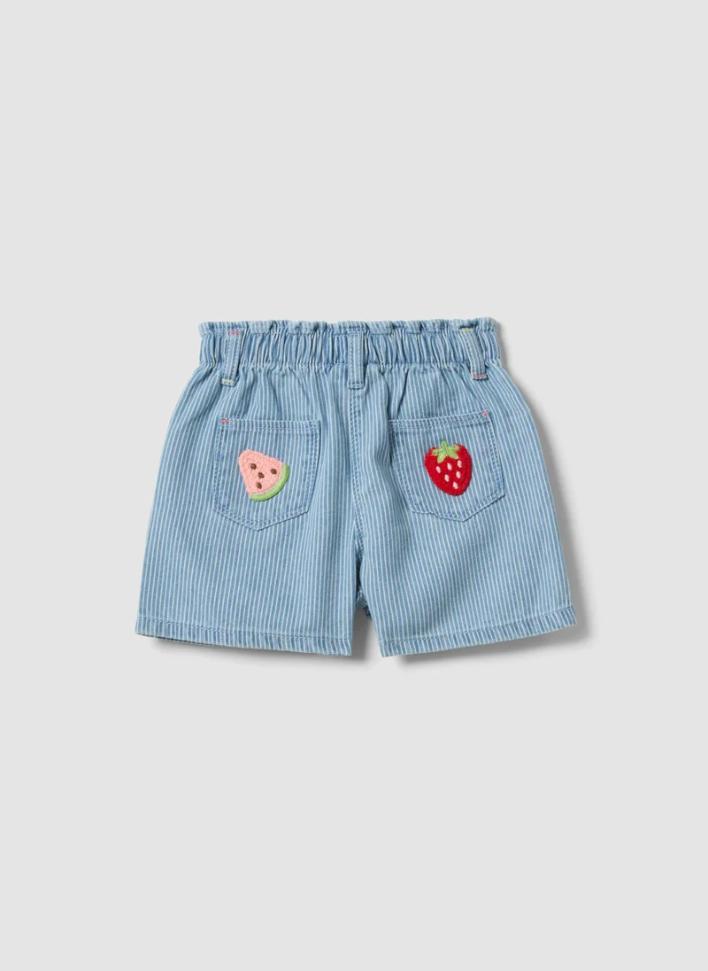 او في اس OVS Girlsâ€™ Light Blue Striped Cotton-Blend Shorts With Cherry Embroidery