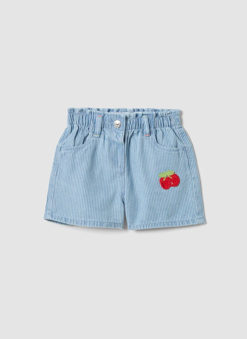 او في اس OVS Girlsâ€™ Light Blue Striped Cotton-Blend Shorts With Cherry Embroidery