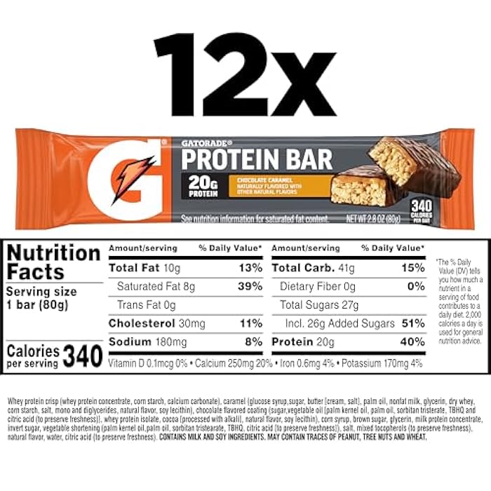 Gatorade Whey Protein Bars, Chocolate Caramel, 2.8 oz bars (Pack of 12, 20g of protein per bar) - Image 2