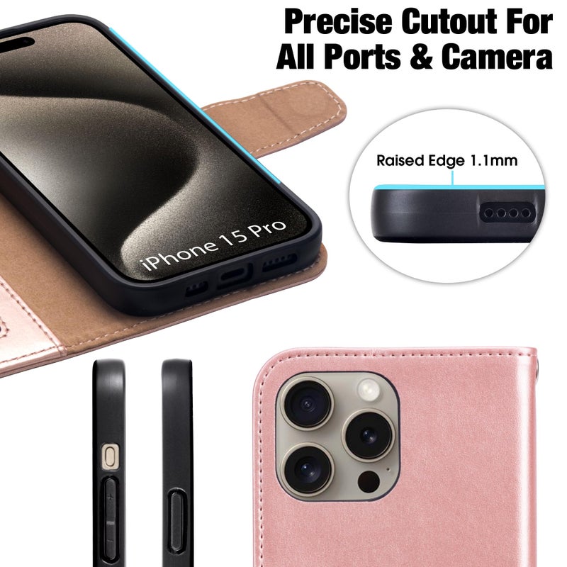 Arae Compatible with iPhone 15 Pro Case with Card Holder and Wrist Strap Wallet Flip Cover for iPhone 15 Pro 6.1 inch,Rose Gold - Image 4
