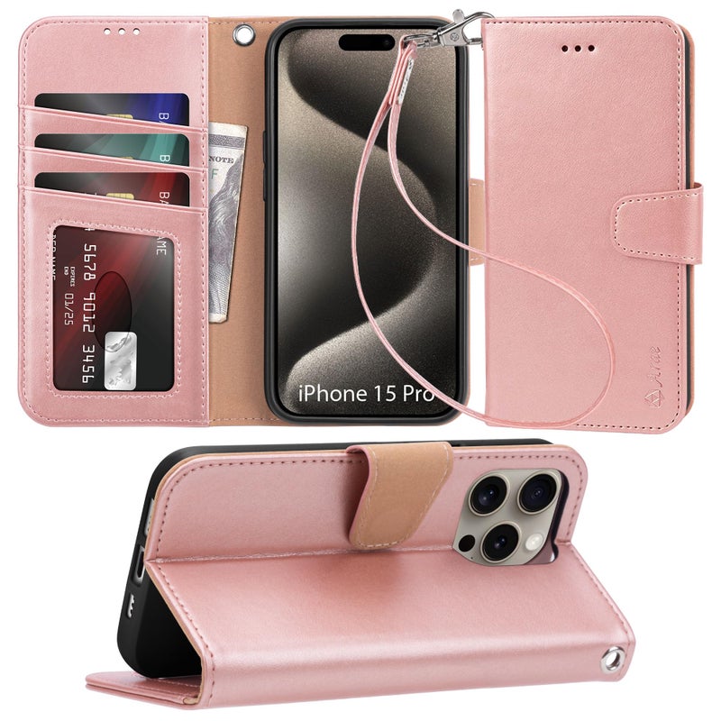 Arae Compatible with iPhone 15 Pro Case with Card Holder and Wrist Strap Wallet Flip Cover for iPhone 15 Pro 6.1 inch,Rose Gold - Image 1