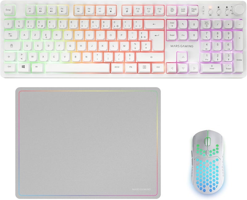 مارس_جيمنج مارس جيمنج MCPWX، مجموعة ألعاب لاسلكية، تقنية DualPro Link 2.4GPRO، لوحة مفاتيح FRGB كاملة مع تحكم وسائط متعددة + ماوس RGB 3200DPI + حصيرة مانعة للانزلاق 360x260 مم، أبيض، فرنسي - Image 1