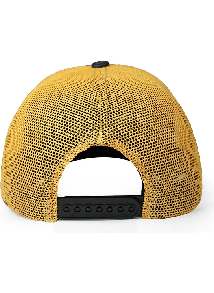 Black Börk V1 Trucker Yesterday Now Tomorrow - 1 Unisex Navy Blue-Yellow Hat with Code Logo