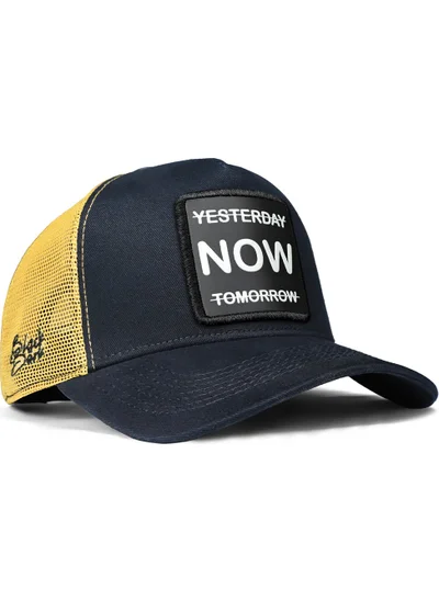 Black Börk V1 Trucker Yesterday Now Tomorrow - 1 Unisex Navy Blue-Yellow Hat with Code Logo