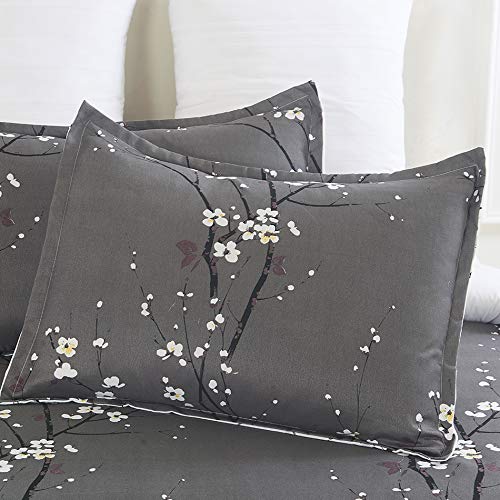 YEPINS Soft Brushed Microfiber Duvet Cover Set with Zipper Closure and Corner Ties, Plum Blossom Branch Floral Printed Pattern, Grey and White Color, Reversible Design- Queen(90x90 inches) - Image 5