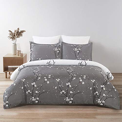 YEPINS Soft Brushed Microfiber Duvet Cover Set with Zipper Closure and Corner Ties, Plum Blossom Branch Floral Printed Pattern, Grey and White Color, Reversible Design- Queen(90x90 inches) - Image 2