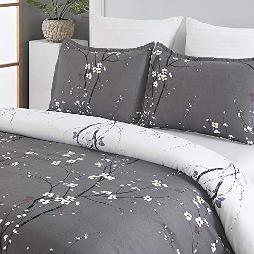 YEPINS Soft Brushed Microfiber Duvet Cover Set with Zipper Closure and Corner Ties, Plum Blossom Branch Floral Printed Pattern, Grey and White Color, Reversible Design- Queen(90x90 inches) - Image 3