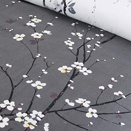 YEPINS Soft Brushed Microfiber Duvet Cover Set with Zipper Closure and Corner Ties, Plum Blossom Branch Floral Printed Pattern, Grey and White Color, Reversible Design- Queen(90x90 inches) - Image 4