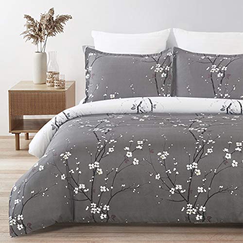 YEPINS Soft Brushed Microfiber Duvet Cover Set with Zipper Closure and Corner Ties, Plum Blossom Branch Floral Printed Pattern, Grey and White Color, Reversible Design- Queen(90x90 inches) - Image 1