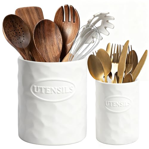 KJEC White Utensil Holder Set of 2 Ceramic Cooking Utensil Crock Modern Kitchen Utensil Organizer for Countertop Spatula Spoon and as a Decorative Vase for Housewarming Gift - Image 1