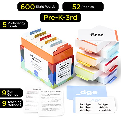 Think Tank Scholar بطاقات فلاش كلمات sight و phonics من Think Tank Scholar 652، تعلم القراءة: مزج CVC، أصوات الحروف القصيرة/الطويلة، كلمات Dolch و Fry عالية التكرار + ألعاب: مرحلة ما قبل الروضة، الروضة، الصف الأول، الصف الثاني، الصف الثالث - Image 3
