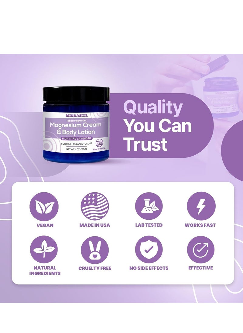 Migrastil - Nighttime Lavender Topical Magnesium Cream & Body Lotion - Promotes Sleep and Soothing Relief for Sore Muscles, Leg Cramps, Etc. 4oz - Image 1