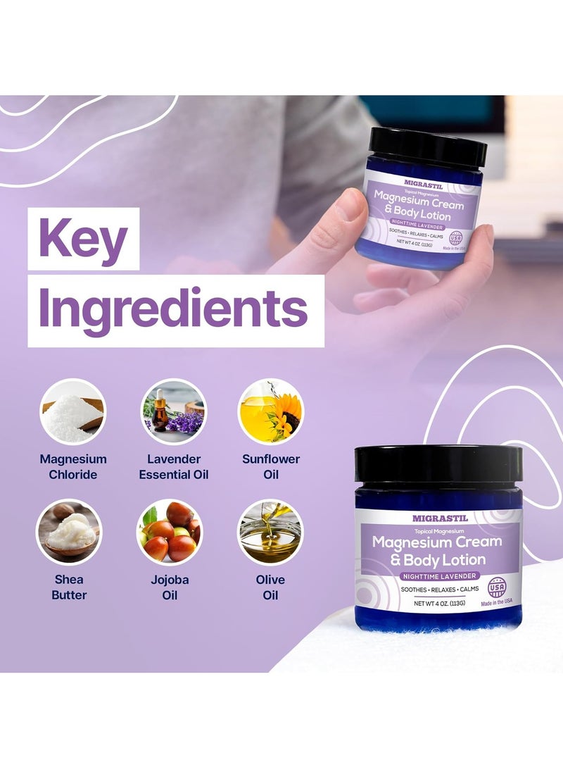 Migrastil - Nighttime Lavender Topical Magnesium Cream & Body Lotion - Promotes Sleep and Soothing Relief for Sore Muscles, Leg Cramps, Etc. 4oz - Image 1