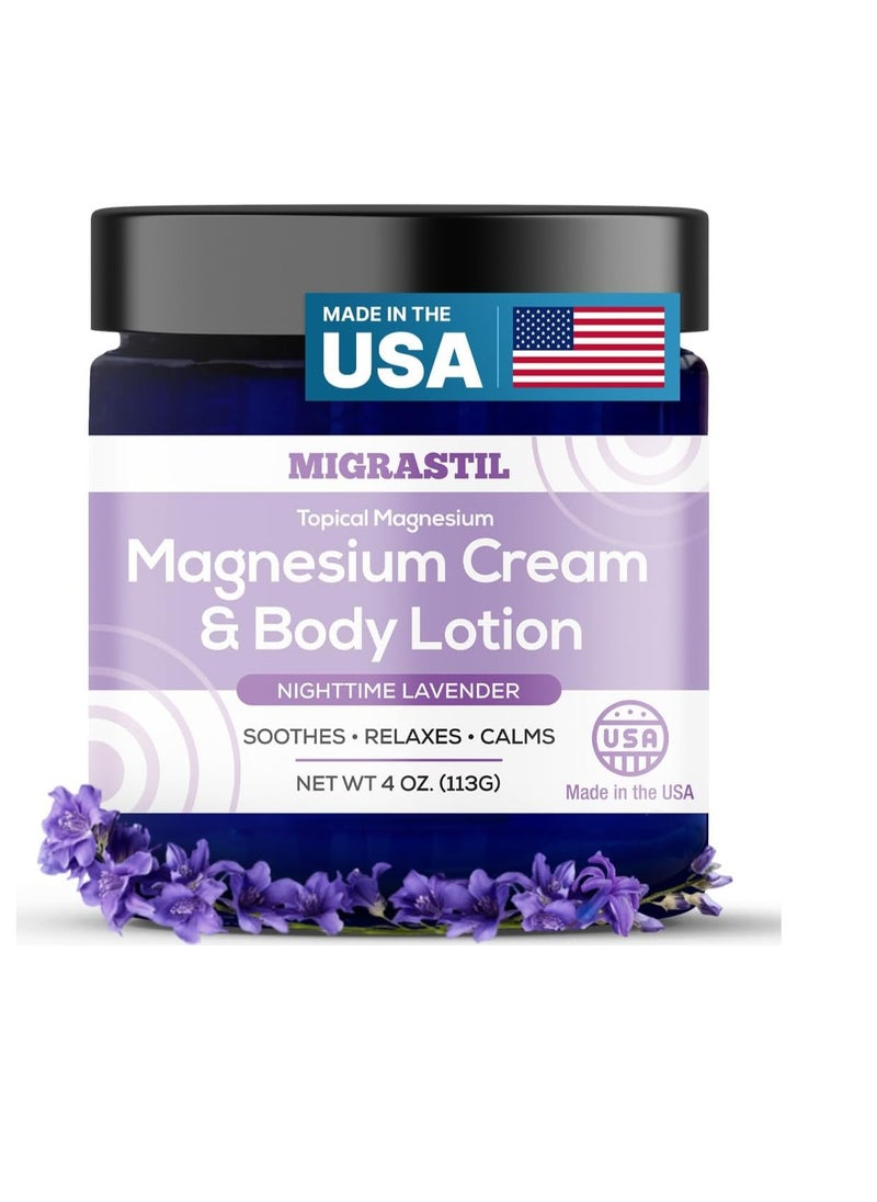 Migrastil - Nighttime Lavender Topical Magnesium Cream & Body Lotion - Promotes Sleep and Soothing Relief for Sore Muscles, Leg Cramps, Etc. 4oz - Image 1