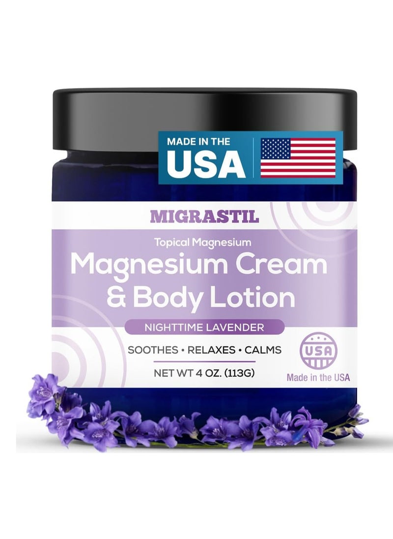 Migrastil - Nighttime Lavender Topical Magnesium Cream & Body Lotion - Promotes Sleep and Soothing Relief for Sore Muscles, Leg Cramps, Etc. 4oz - Image 1