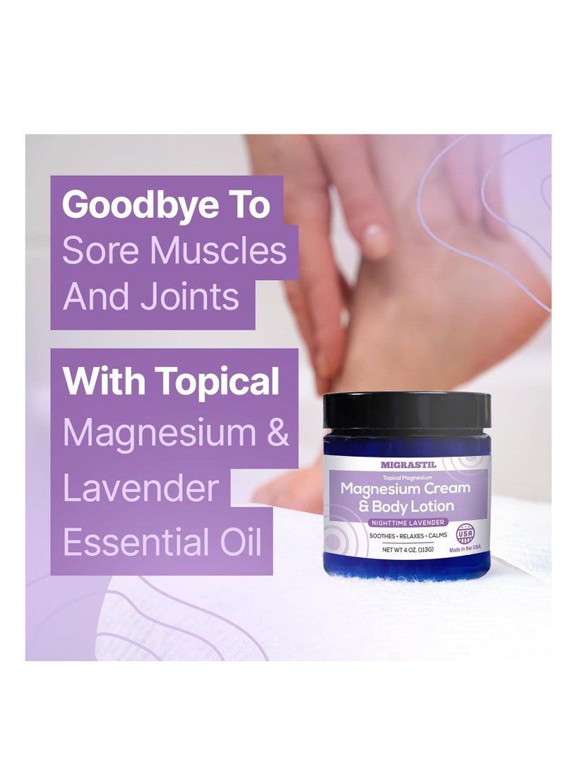 Migrastil - Nighttime Lavender Topical Magnesium Cream & Body Lotion - Promotes Sleep and Soothing Relief for Sore Muscles, Leg Cramps, Etc. 4oz - Image 1