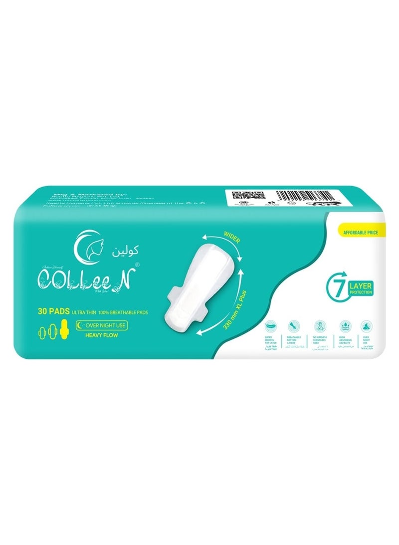 Colleen فوط صحية كولين فائقة التنفس XL+ 330 مم للاستخدام الليلي 30 فوط رقيقة للغاية || فوط صحية للتدفق الغزير | فوط غير سامة - Image 1