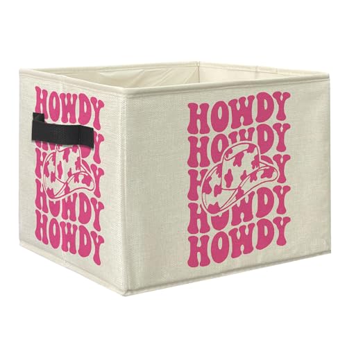 Knibeo Hot Pink Western Howdy Fabric Storage Bins for Shelves Closet Trendy Preppy Western Cowgirl hat Collapsible Cube Baskets Organizer for Clothes Books Toys - Image 1