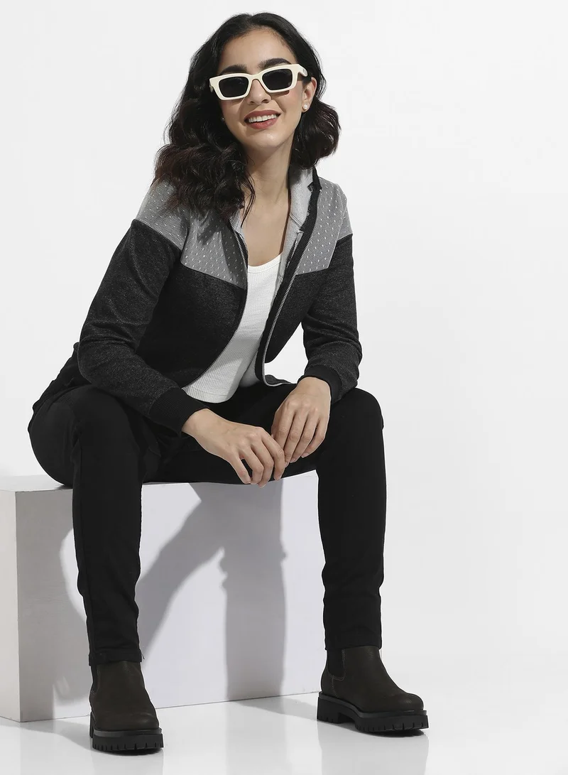 Campus Sutra Zip-Front Hoodie With Polka Dot Detail