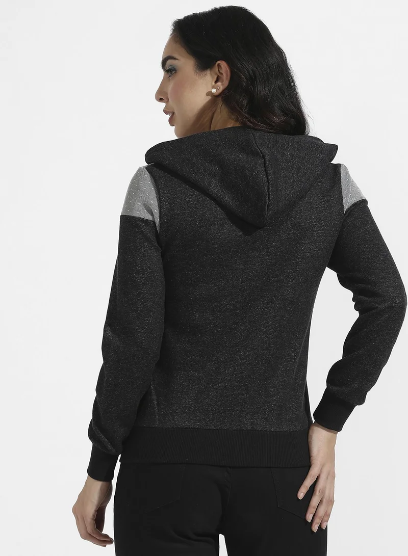 Campus Sutra Zip-Front Hoodie With Polka Dot Detail