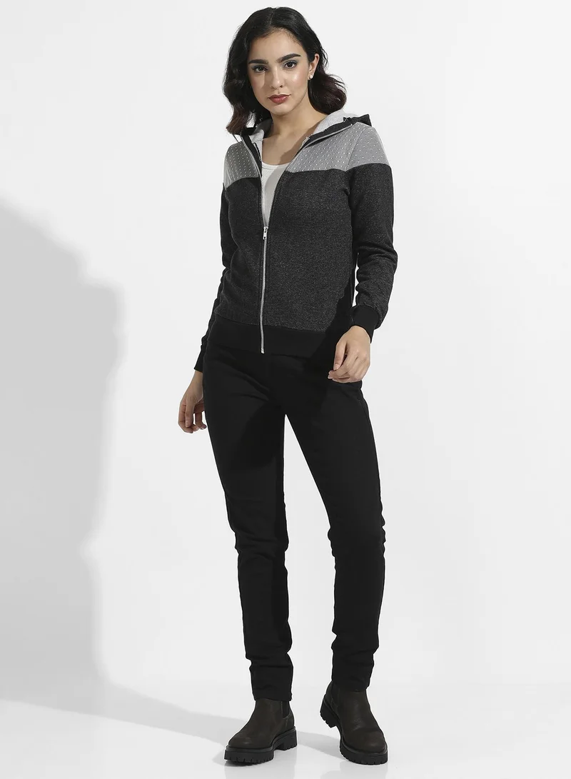 Campus Sutra Zip-Front Hoodie With Polka Dot Detail