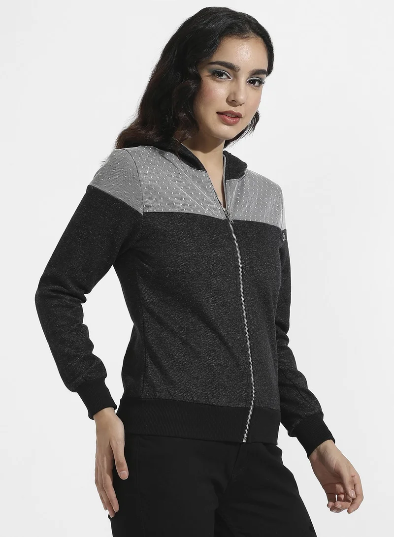 Campus Sutra Zip-Front Hoodie With Polka Dot Detail