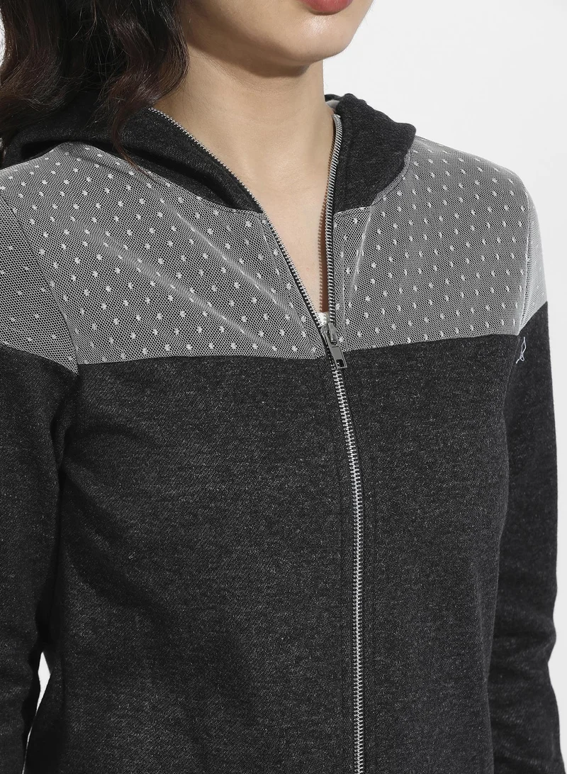 Campus Sutra Zip-Front Hoodie With Polka Dot Detail