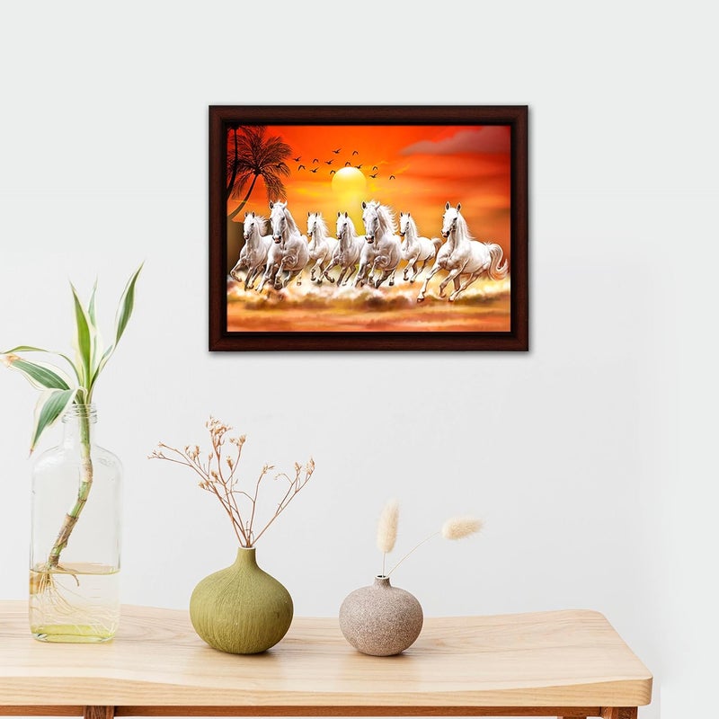 Masstone Lucky Seven Running Horses Vastu Matt Textured Effect Framed HD Digital Reprint Wall Art Painting for Decor HomeOfficeBedroomLiving Room Multicolor 35X28 CM Pack of 1
