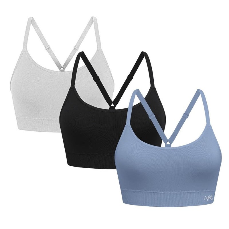 Ryka Women's Katharina Seamless Yoga Racerback Sports Bra with Removable Pads, 3 Pack, Grey/Black/Blue, Small - Image 1