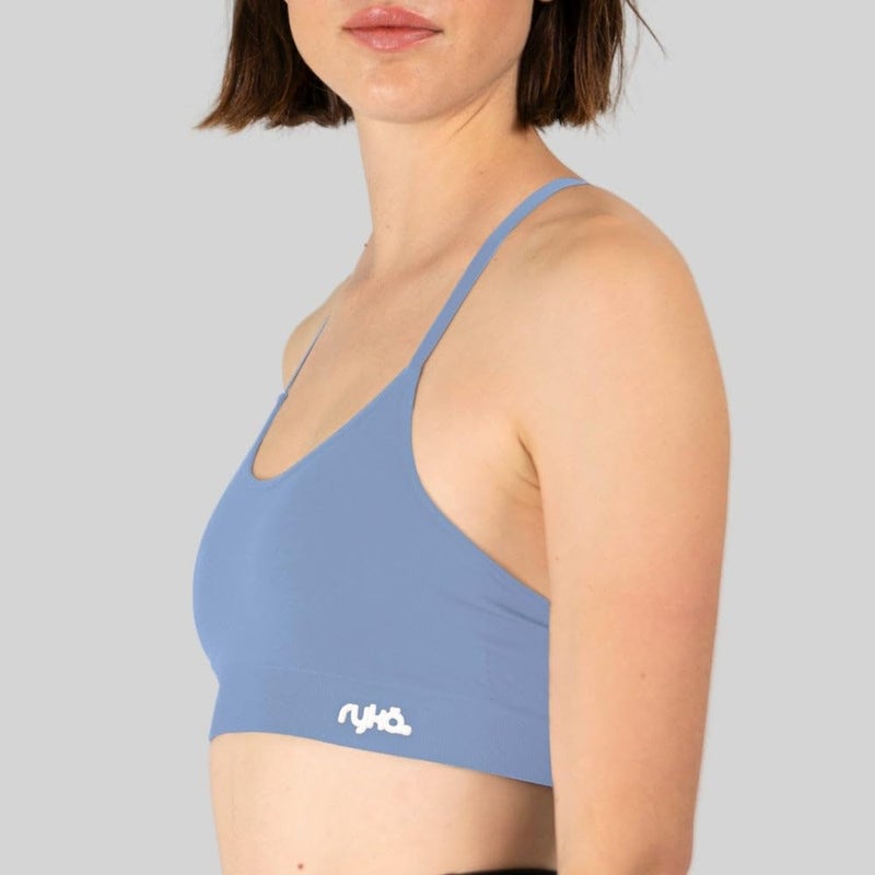 Ryka Women's Katharina Seamless Yoga Racerback Sports Bra with Removable Pads, 3 Pack, Grey/Black/Blue, Small - Image 5