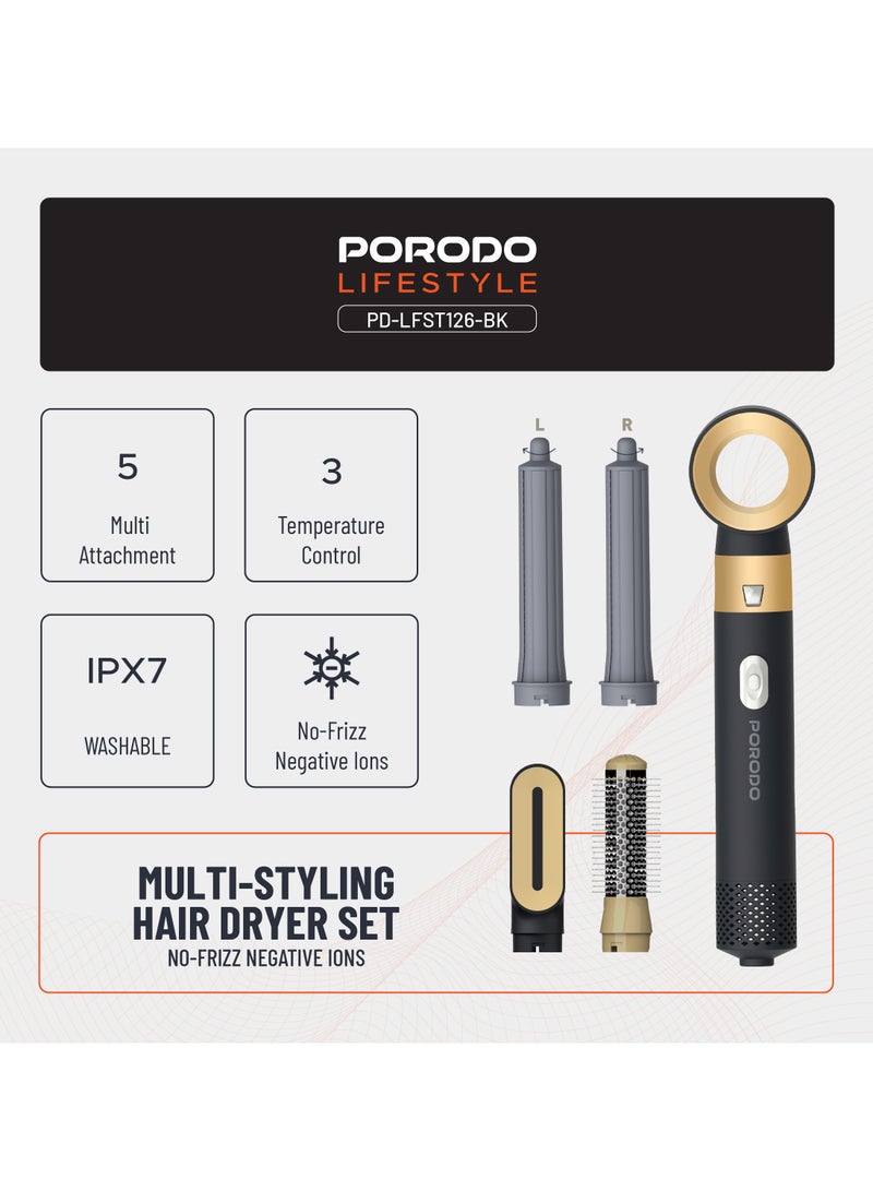 porodo Multi-Styling Hair Dryer Set with 5 Drying Combs / No-Frizz Negative Ions / 30mm spiral curler / Straightening / Volumizing and Curling - Black - Image 2