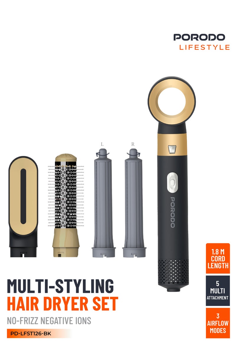 porodo Multi-Styling Hair Dryer Set with 5 Drying Combs / No-Frizz Negative Ions / 30mm spiral curler / Straightening / Volumizing and Curling - Black - Image 1