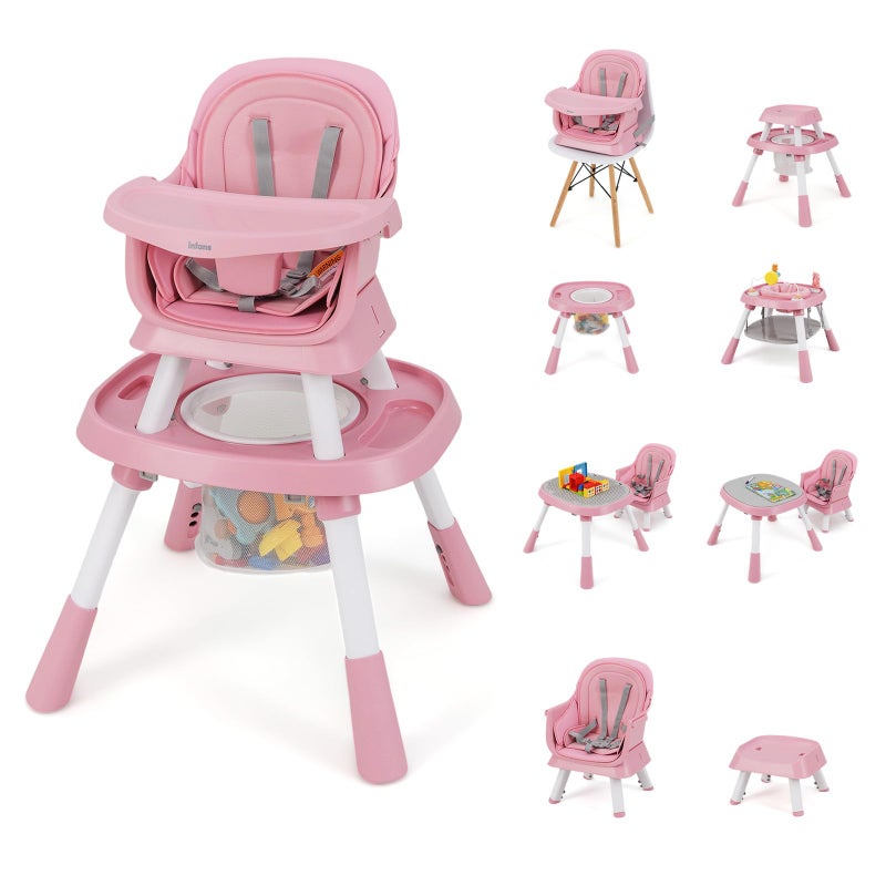INFANS 9 in 1 High Chair, Convertible Baby Highchair for Babies and Toddlers, Table and Chair Set Building Block Infant Dining Booster Seat, Kids Stool with Activity Children Play Kitchen (Pink) - Image 1
