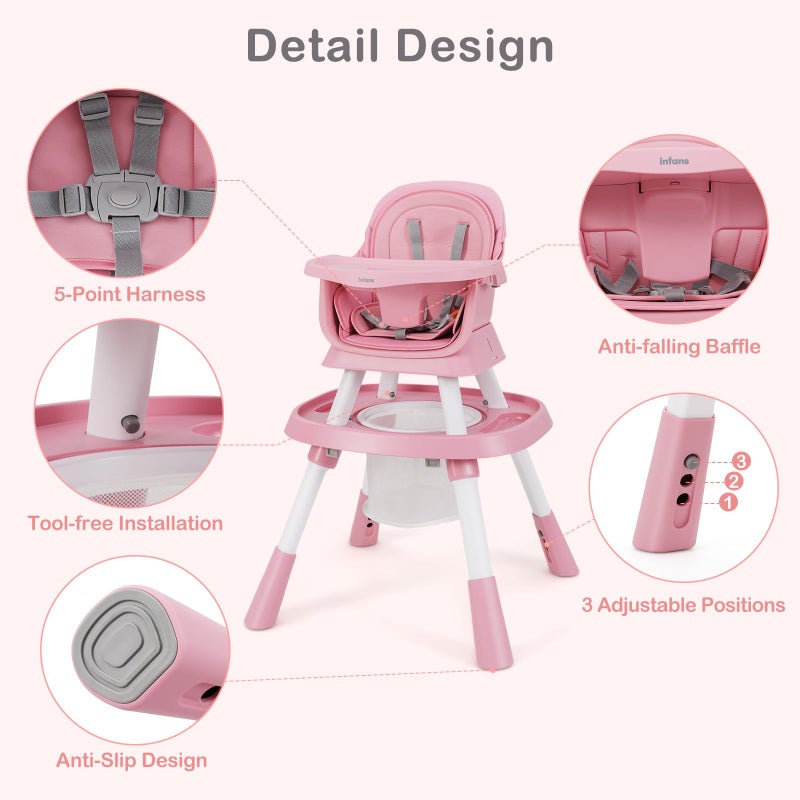 INFANS 9 in 1 High Chair, Convertible Baby Highchair for Babies and Toddlers, Table and Chair Set Building Block Infant Dining Booster Seat, Kids Stool with Activity Children Play Kitchen (Pink) - Image 5