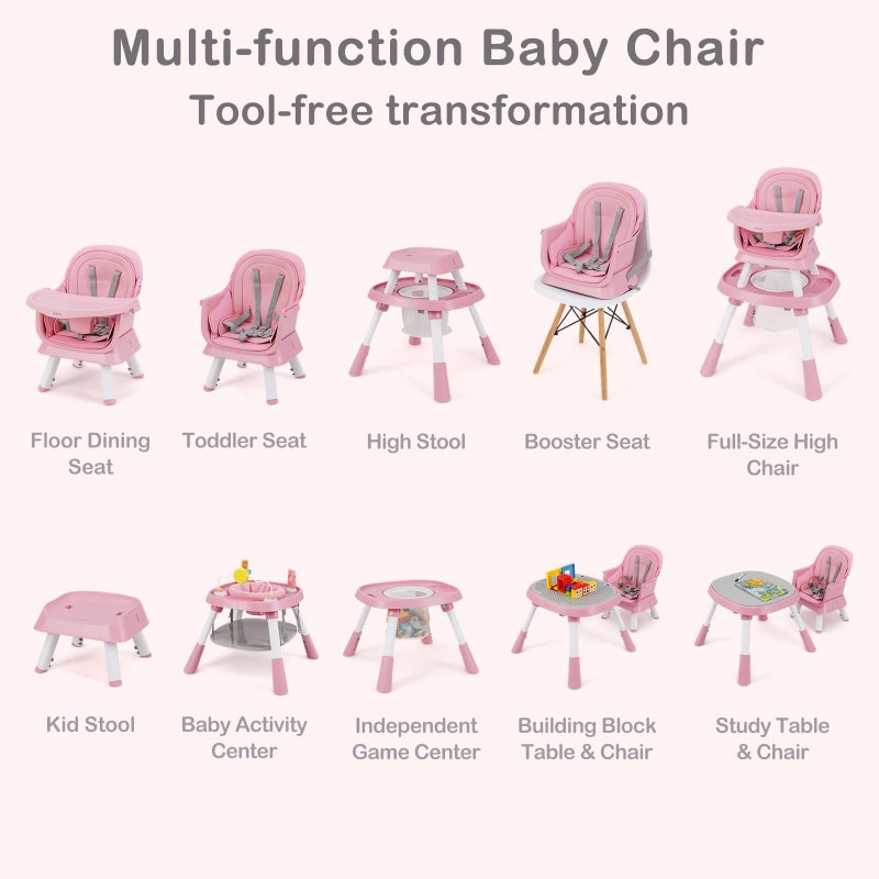 INFANS 9 in 1 High Chair, Convertible Baby Highchair for Babies and Toddlers, Table and Chair Set Building Block Infant Dining Booster Seat, Kids Stool with Activity Children Play Kitchen (Pink) - Image 3