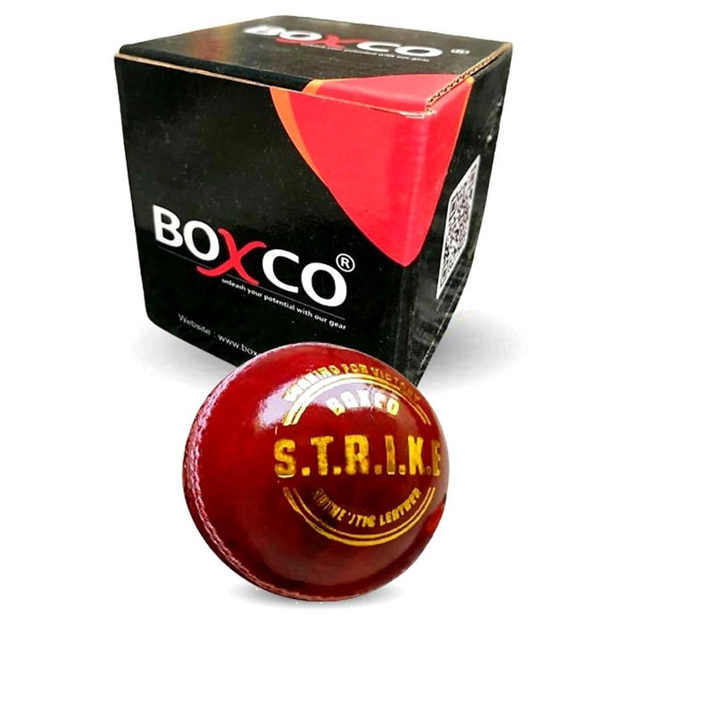 BOXCO كرة كريكيت جلدية حمراء متينة مخيطة يدويًا من أربعة قطع مثالية لـ T20 واليوم الواحد مع انسيابية وتألق مثالي للاستخدام الاحترافي والتدريب (عبوة من 1) - Image 1