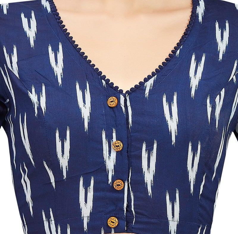 Studio Shringaar Women's Indigo Blue Cotton Ikat Printed Elbow Length Sleeves Saree Blouse (Blue,38) - Image 5