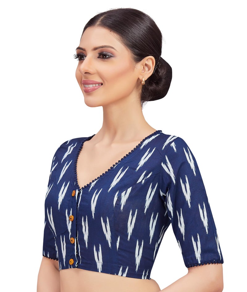 Studio Shringaar Women's Indigo Blue Cotton Ikat Printed Elbow Length Sleeves Saree Blouse (Blue,38) - Image 3