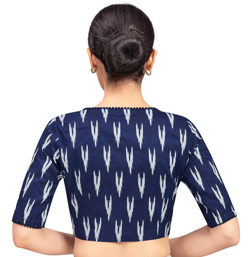 Studio Shringaar Women's Indigo Blue Cotton Ikat Printed Elbow Length Sleeves Saree Blouse (Blue,38) - Image 2