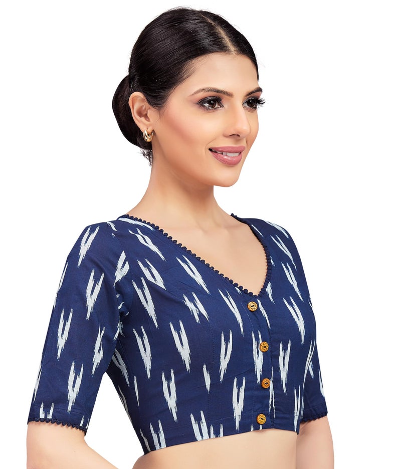 Studio Shringaar Women's Indigo Blue Cotton Ikat Printed Elbow Length Sleeves Saree Blouse (Blue,38) - Image 4