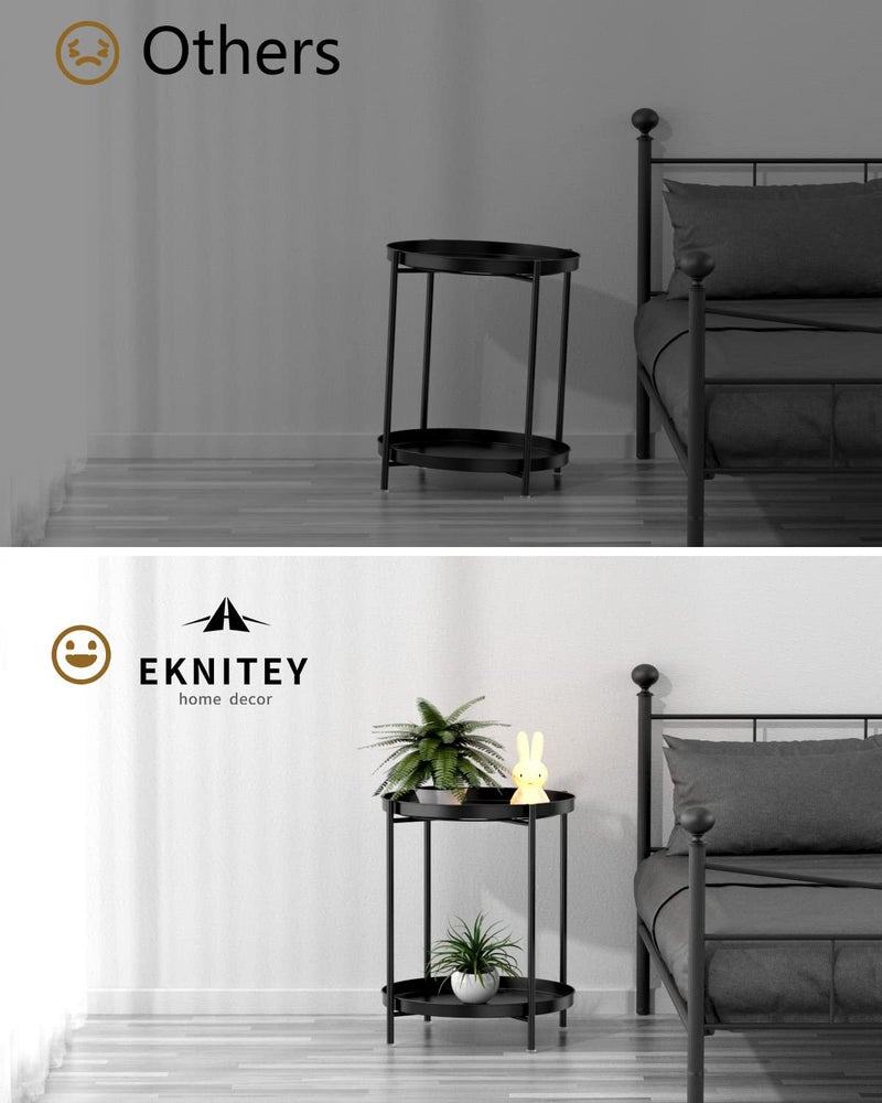 EKNITEY 2 Tier End Table - Metal Side Table Waterproof Small Sofa Coffee Side Tables Bedroom Indoor Outdoor with Removable Tray for Living Room Bedroom Balcony and Office (Black) - Image 5