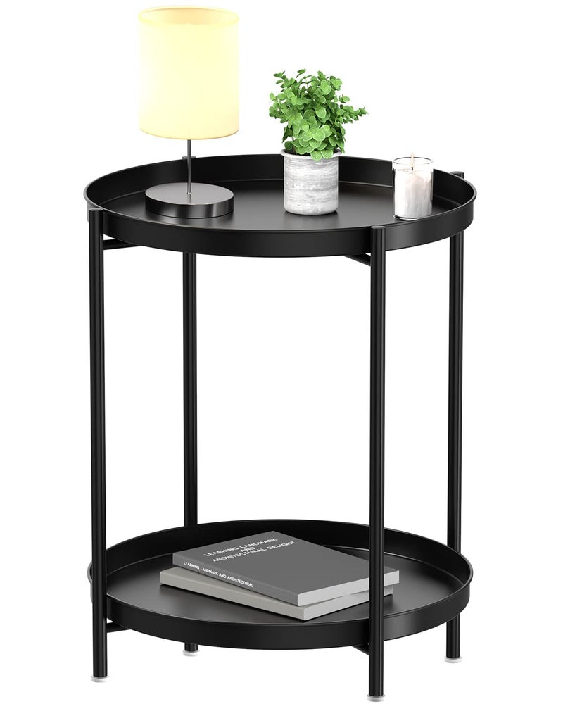 EKNITEY 2 Tier End Table - Metal Side Table Waterproof Small Sofa Coffee Side Tables Bedroom Indoor Outdoor with Removable Tray for Living Room Bedroom Balcony and Office (Black) - Image 1