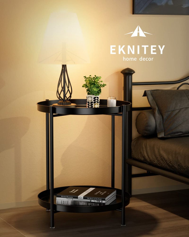 EKNITEY 2 Tier End Table - Metal Side Table Waterproof Small Sofa Coffee Side Tables Bedroom Indoor Outdoor with Removable Tray for Living Room Bedroom Balcony and Office (Black) - Image 3
