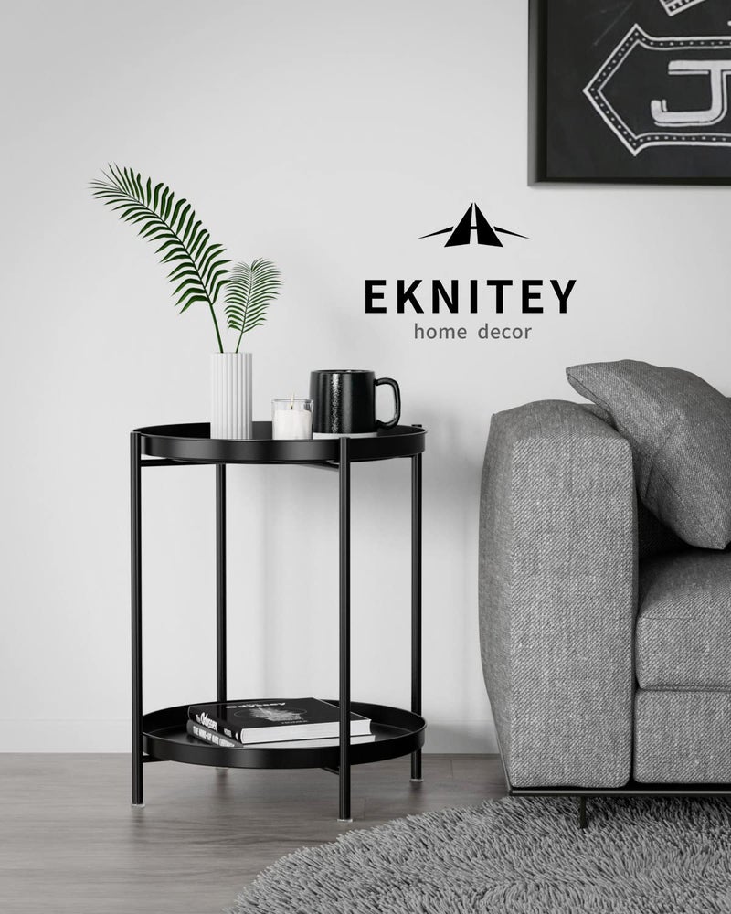 EKNITEY 2 Tier End Table - Metal Side Table Waterproof Small Sofa Coffee Side Tables Bedroom Indoor Outdoor with Removable Tray for Living Room Bedroom Balcony and Office (Black) - Image 4